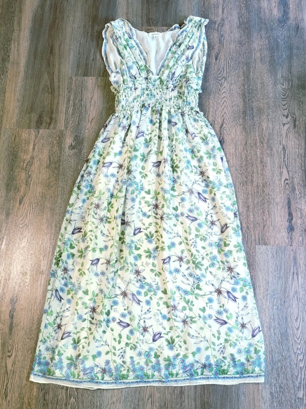 Max Studio Smocked Waist Maxi Dress Sleeveless Fairy Whimsy Floral Womens Medium